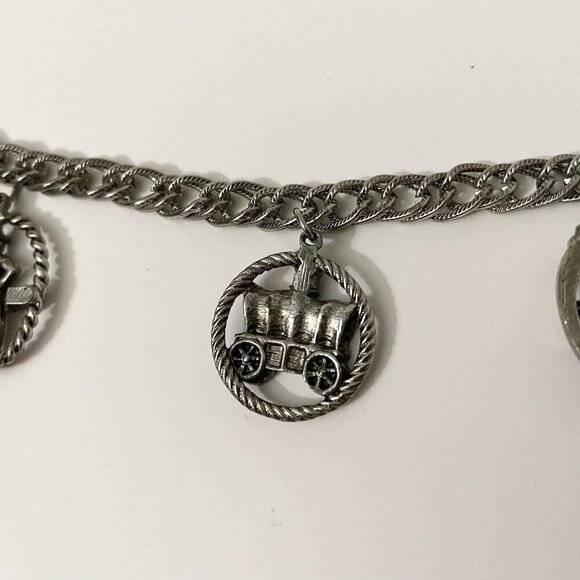 Vintage Western Faux Turquoise Charm Bracelet Cowboy Boots Horse Carriage Flaws - Picture 12 of 16